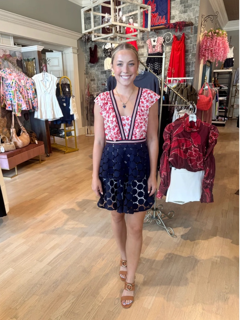 Floral V‑Neck Navy Eyelet Casual Dress - Red Floral Top